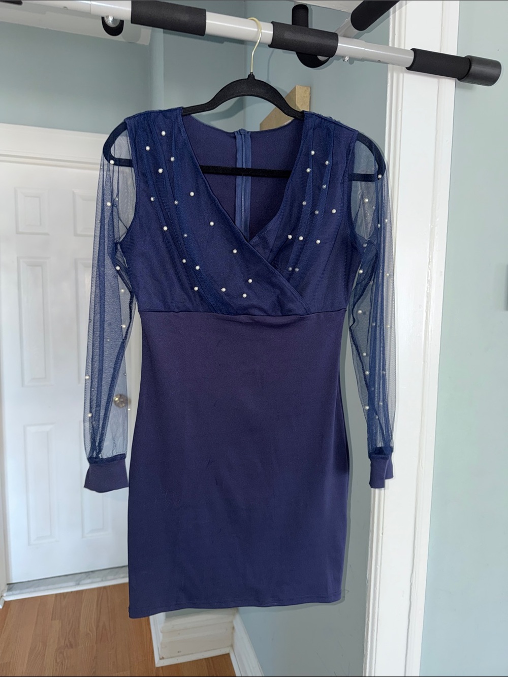 Navy Pearl-Embellished Mesh Sleeve Dress - Women